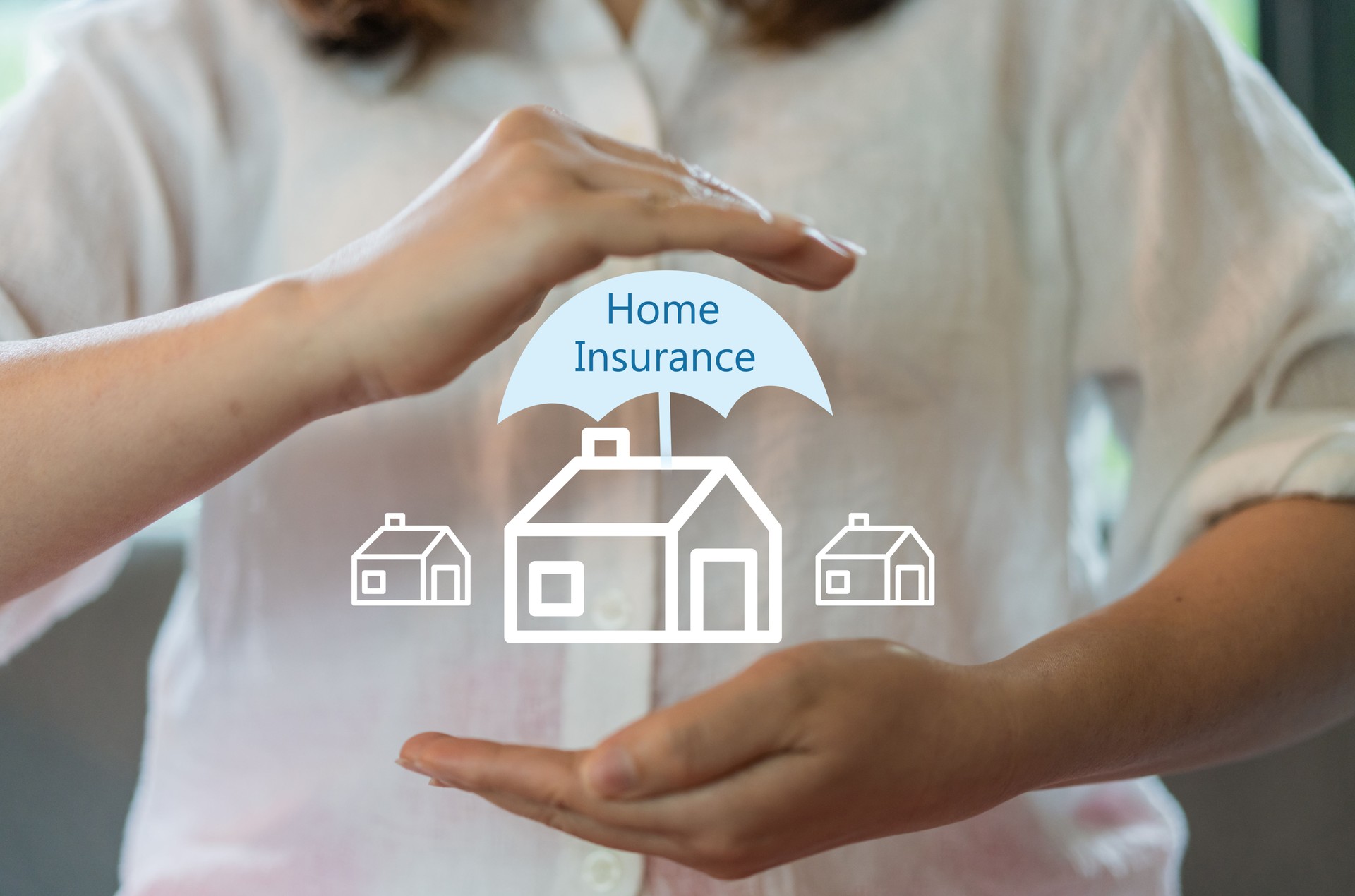 Hands protecting home insurance concept with umbrella, real estate protection, security coverage, property safety, residential insurance, financial stability, housing safety plan, risk management
